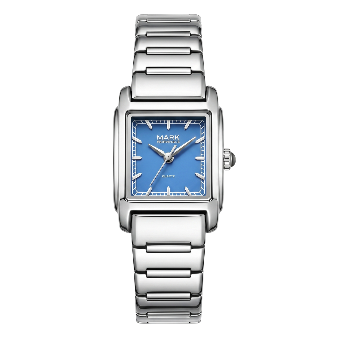 Silver watch with a blue face on a white background