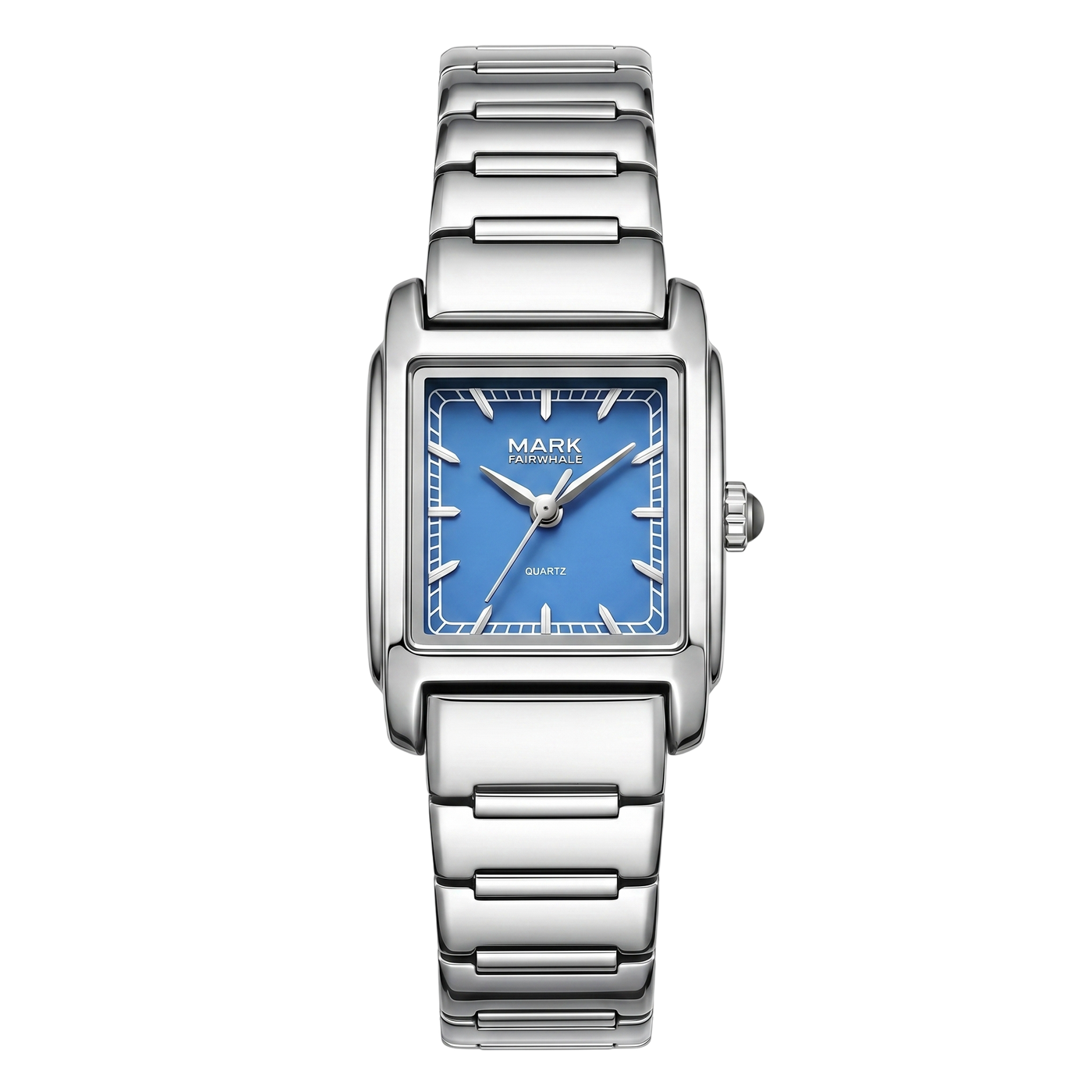 Silver watch with a blue face on a white background