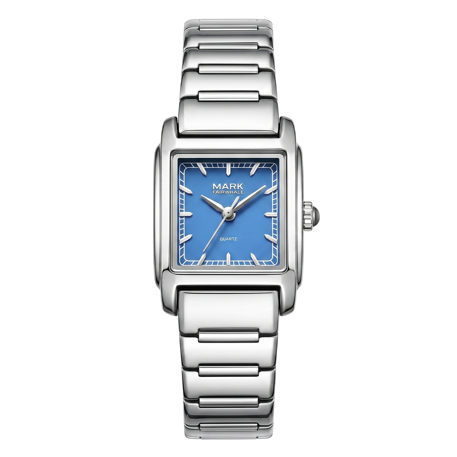 Silver watch with a blue face on a white background