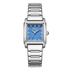 Silver watch with a blue face on a white background