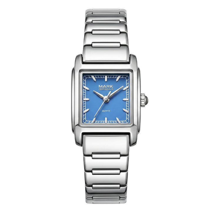 Silver watch with a blue face on a white background