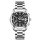 Silver watch with black dial on a white background