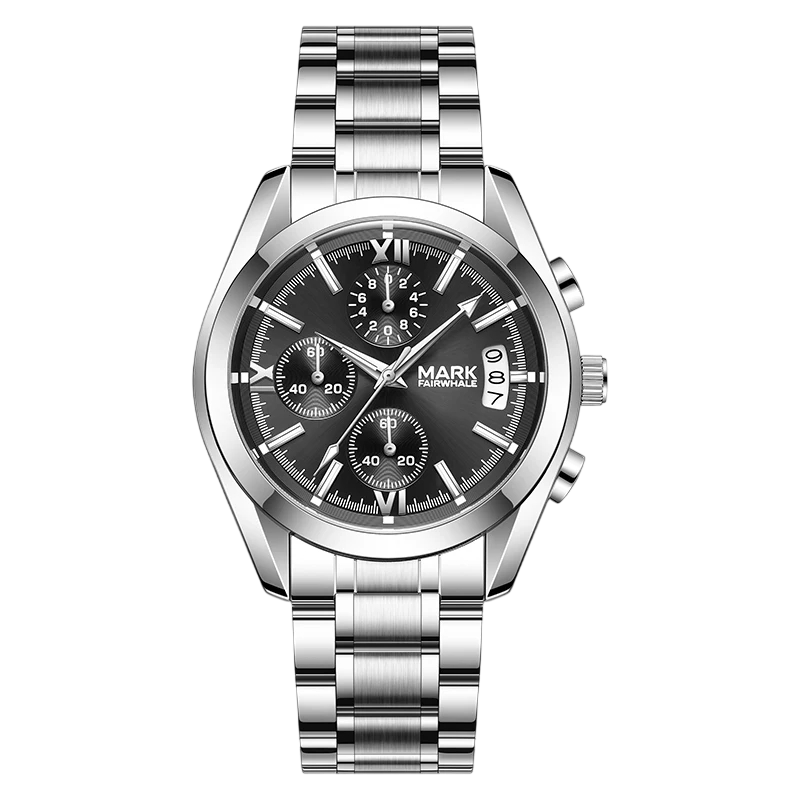 Silver watch with black dial on a white background
