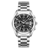 Silver watch with black dial on a white background