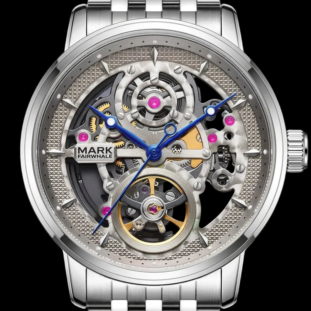 Silver watch with visible mechanical components on a white background