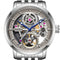 Silver watch with visible mechanical components on a white background