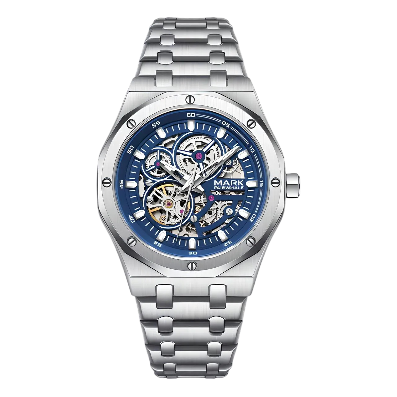 Silver watch with blue face on a white background