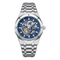 Silver watch with blue face on a white background
