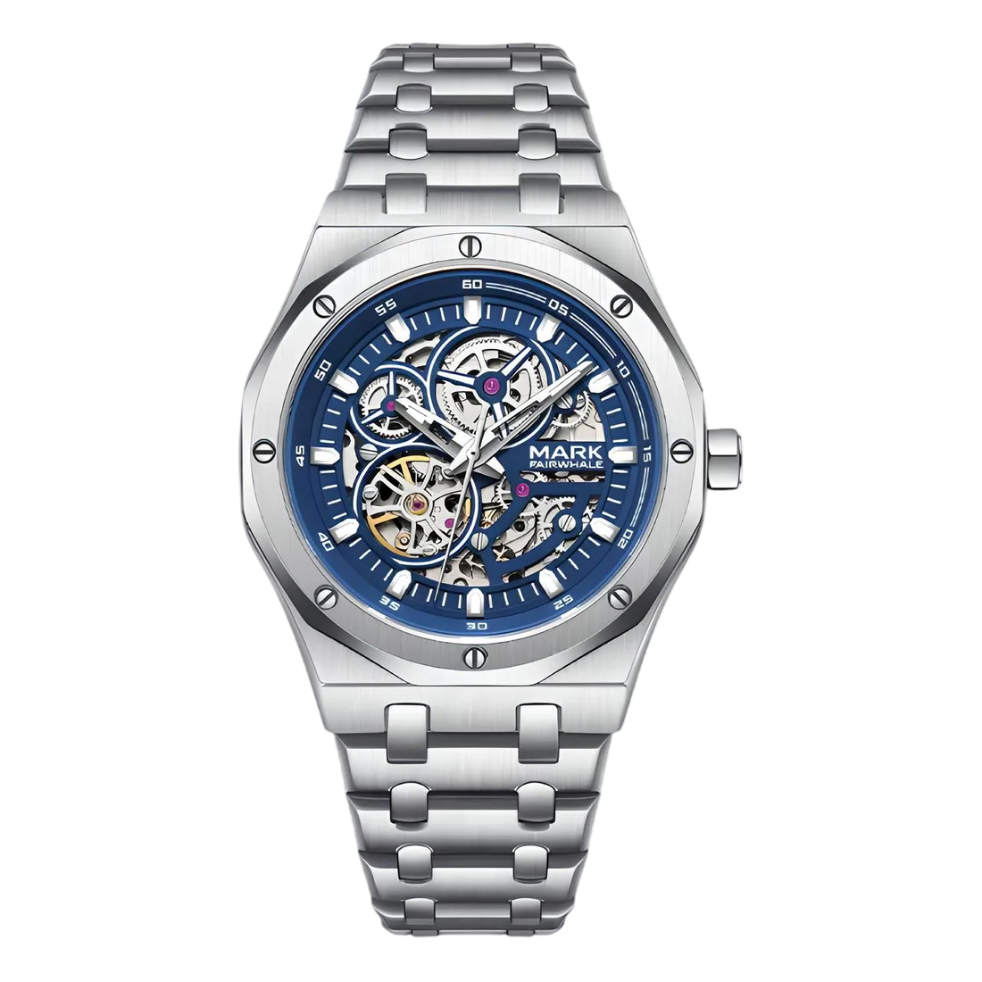 Silver watch with blue face on a white background