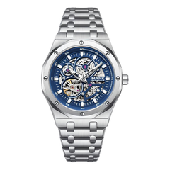 Silver watch with blue face on a white background
