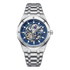 Silver watch with blue face on a white background