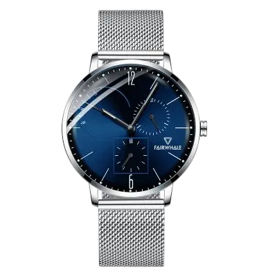 Silver watch with a blue face on a white background