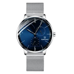 Silver watch with a blue face on a white background