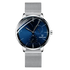 Silver watch with a blue face on a white background