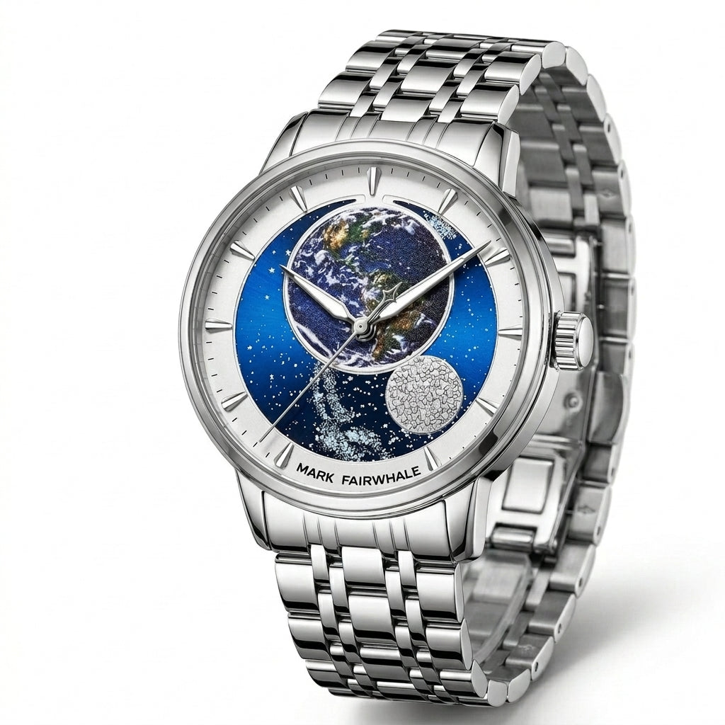 Silver watch with a detailed face on a white background
