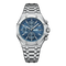 Silver watch with a blue face on a white background