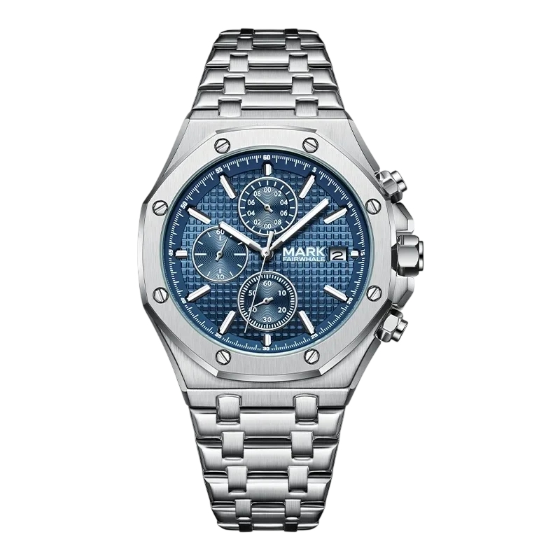 Silver watch with a blue face on a white background