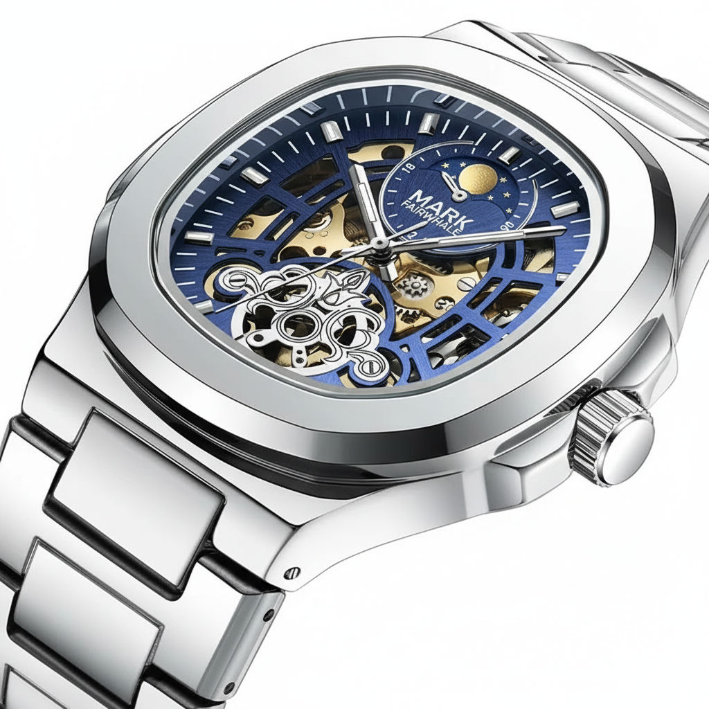 Silver watch with a blue face on a white background
