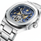 Silver watch with a blue face on a white background