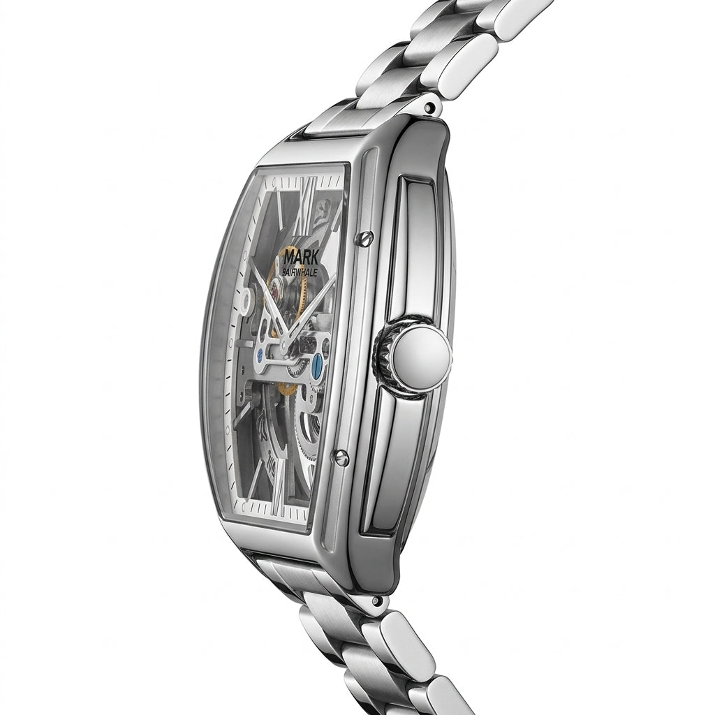 Silver watch with a detailed face on a white background