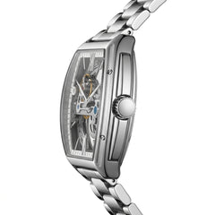 Silver watch with a detailed face on a white background