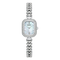 Silver watch with decorative band on a white background