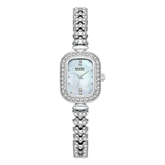 Silver watch with decorative band on a white background