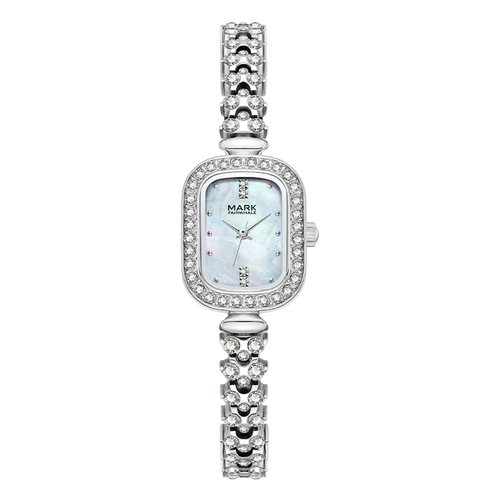 Silver watch with decorative band on a white background