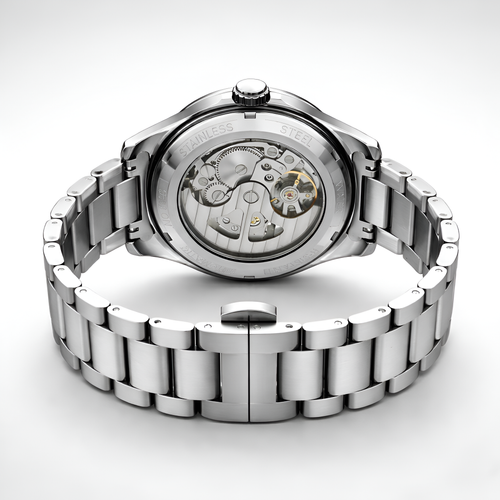 Silver watch with mechanical components on a white background