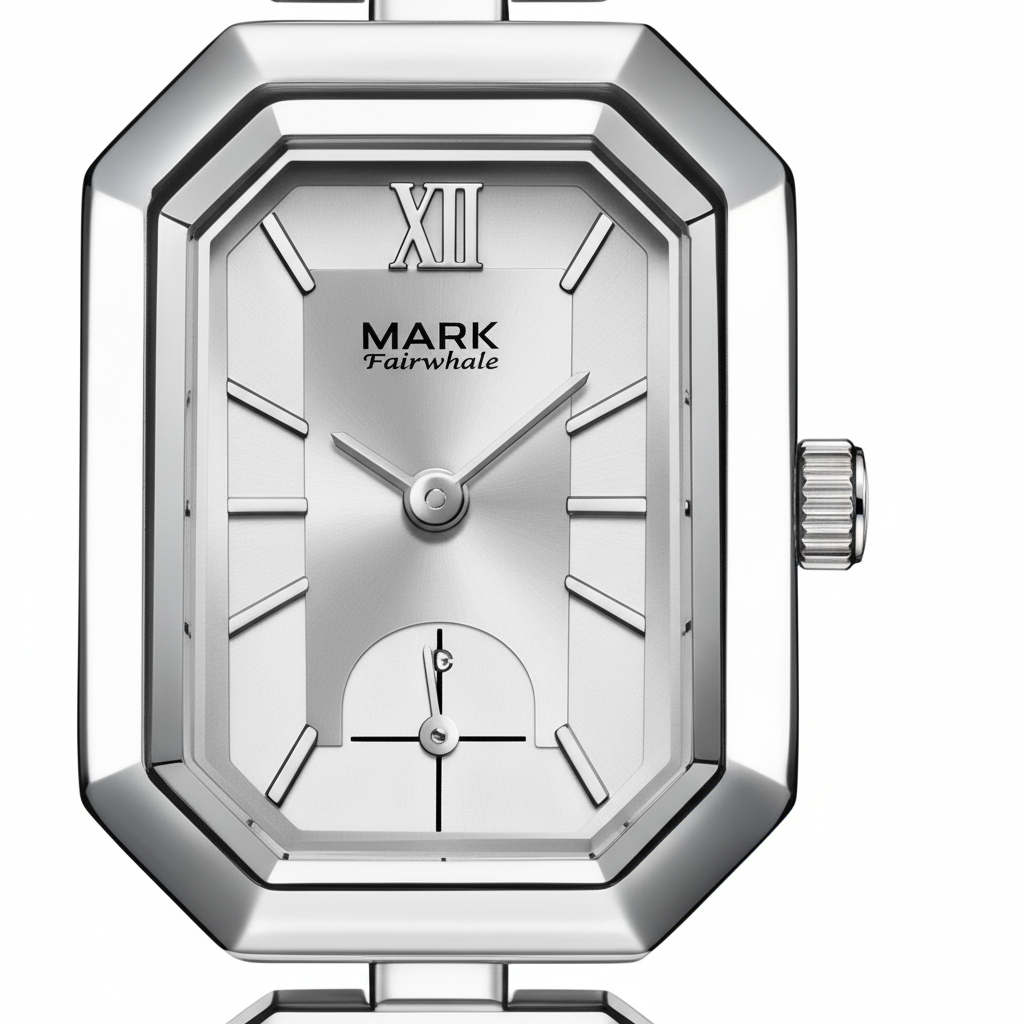 Silver watch with 'Mark Fairwhale' branding on a white background