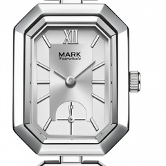 Silver watch with 'Mark Fairwhale' branding on a white background