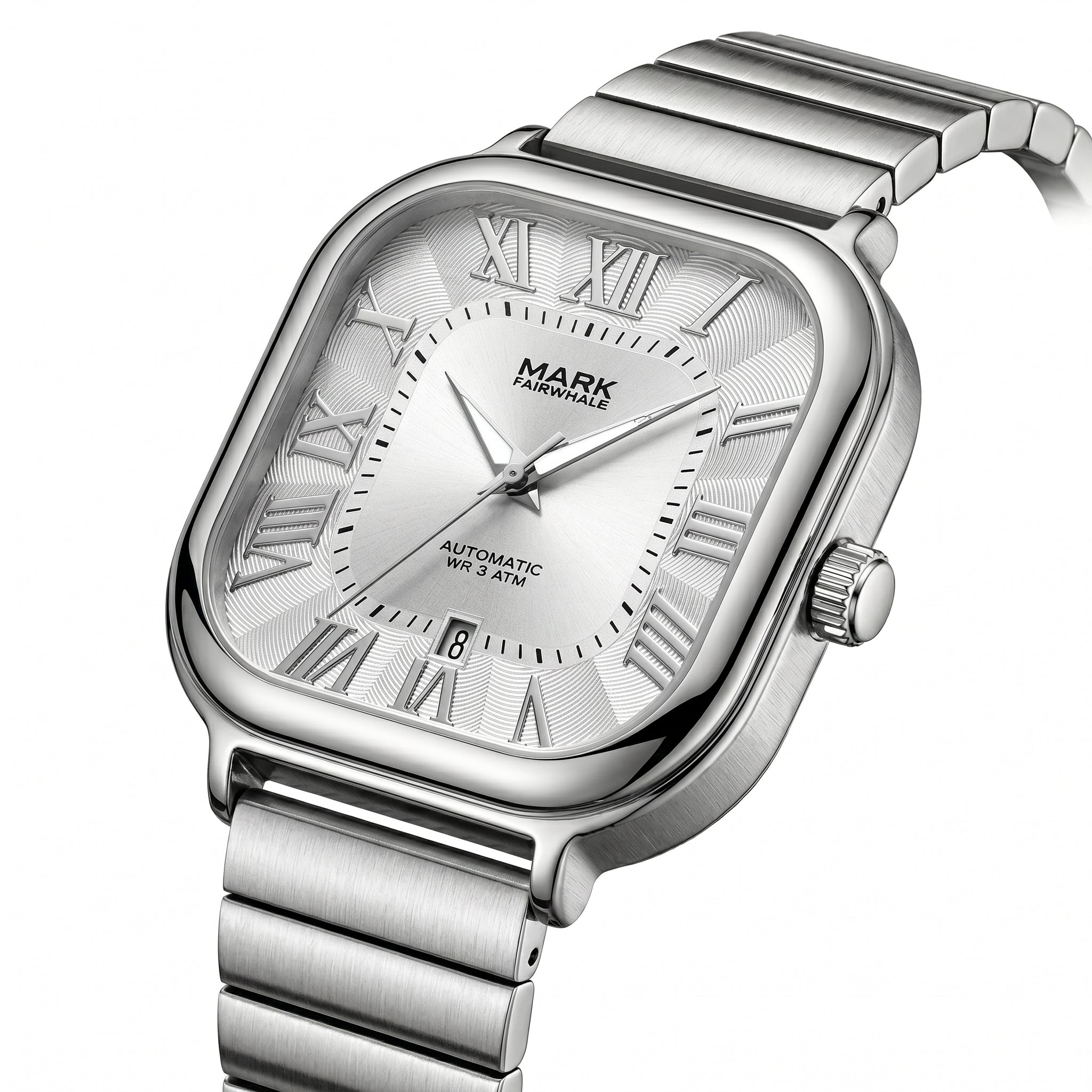 Silver watch with Roman numeral markers on a white background