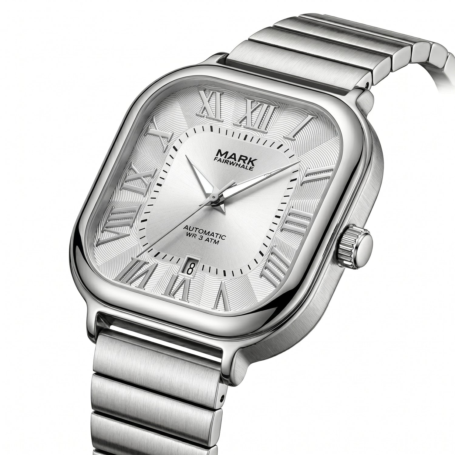 Silver watch with Roman numeral markers on a white background