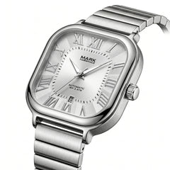 Silver watch with Roman numeral markers on a white background