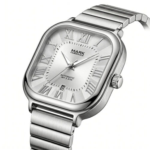 Silver watch with Roman numeral markers on a white background
