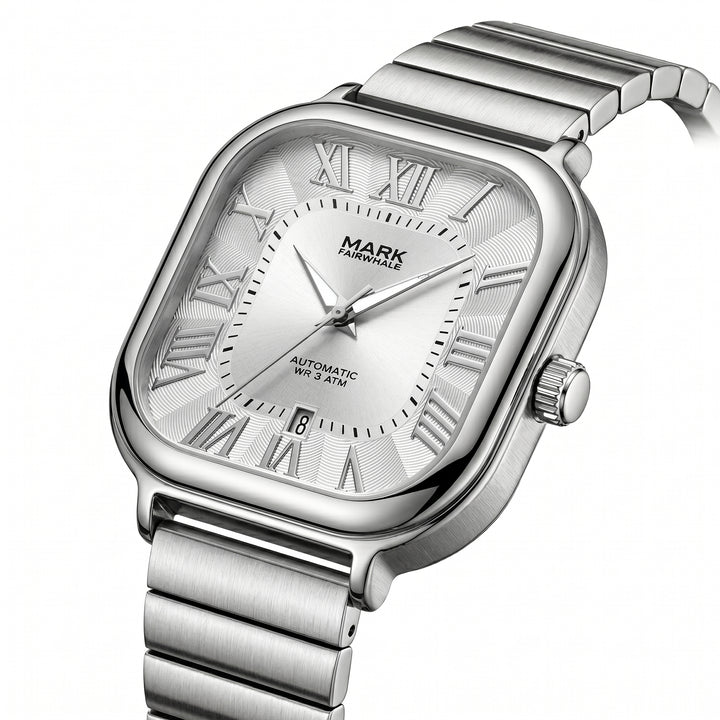 Silver watch with Roman numeral markers on a white background