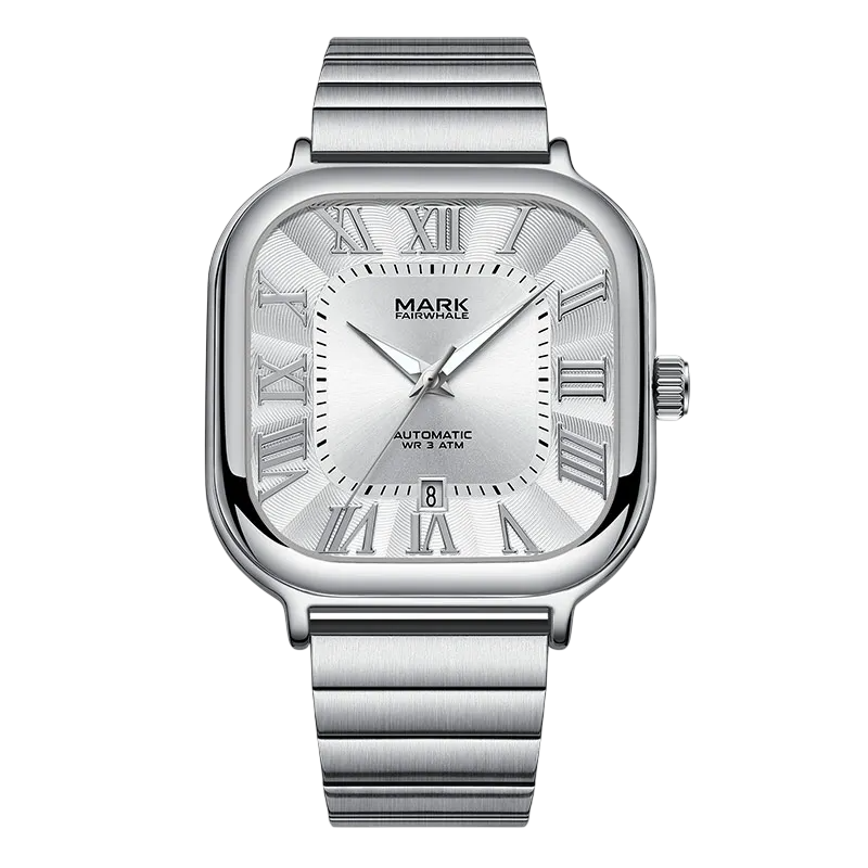 Silver watch with Roman numeral markers on a white background