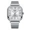 Silver watch with Roman numeral markers on a white background