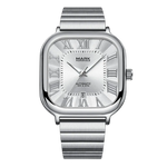 Silver watch with Roman numeral markers on a white background