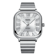 Silver watch with Roman numeral markers on a white background