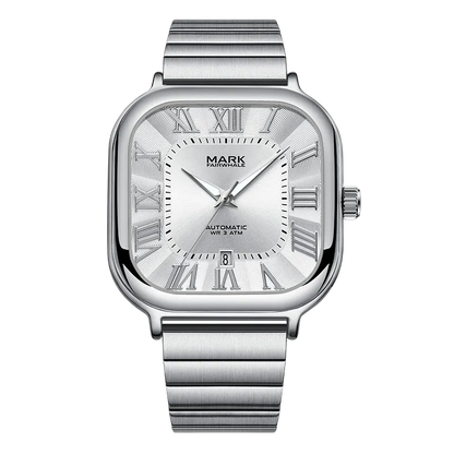 Silver watch with Roman numeral markers on a white background