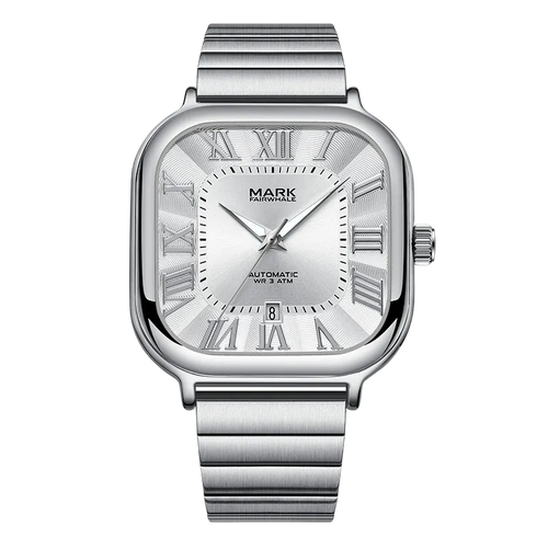 Silver watch with Roman numeral markers on a white background
