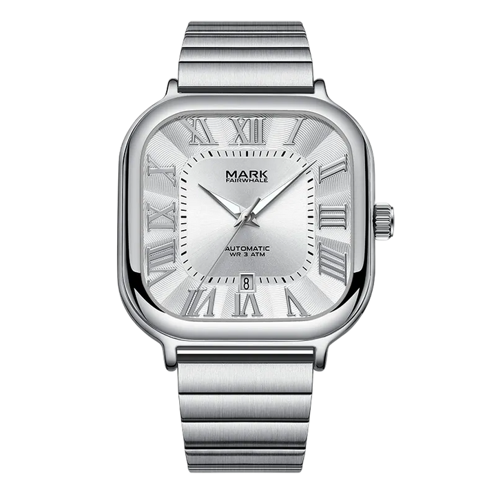 Silver watch with Roman numeral markers on a white background