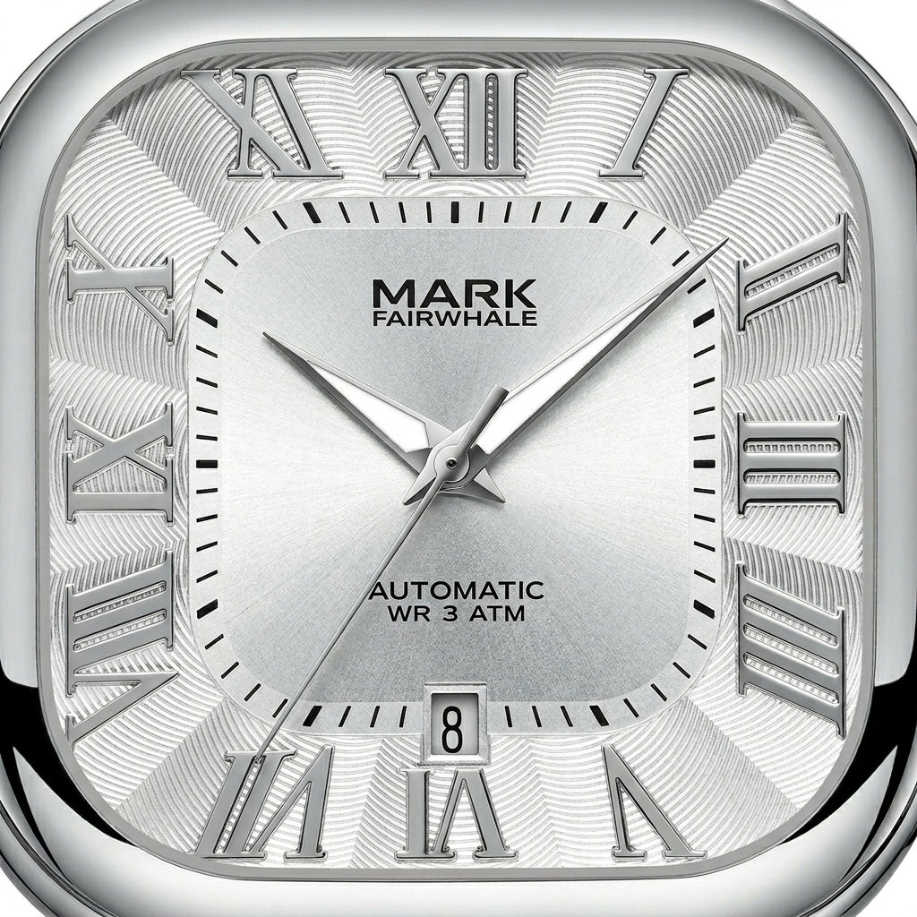 Silver watch with Roman numerals and 'Mark Fairwhale' branding