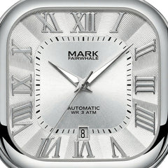 Silver watch with Roman numerals and 'Mark Fairwhale' branding
