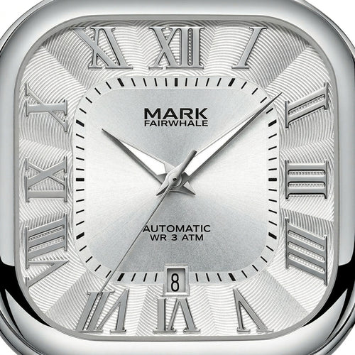 Silver watch with Roman numerals and &