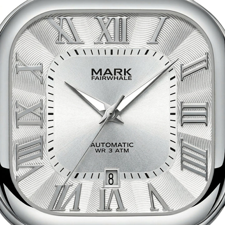 Silver watch with Roman numerals and &
