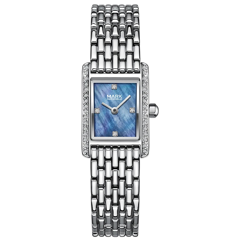 Silver watch with a blue face on a white background