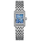 Silver watch with a blue face on a white background