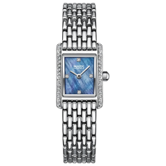 Silver watch with a blue face on a white background